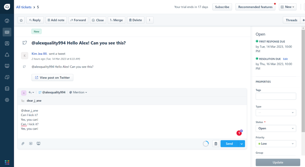 Freshdesk - replying to Twitter comment in ticket