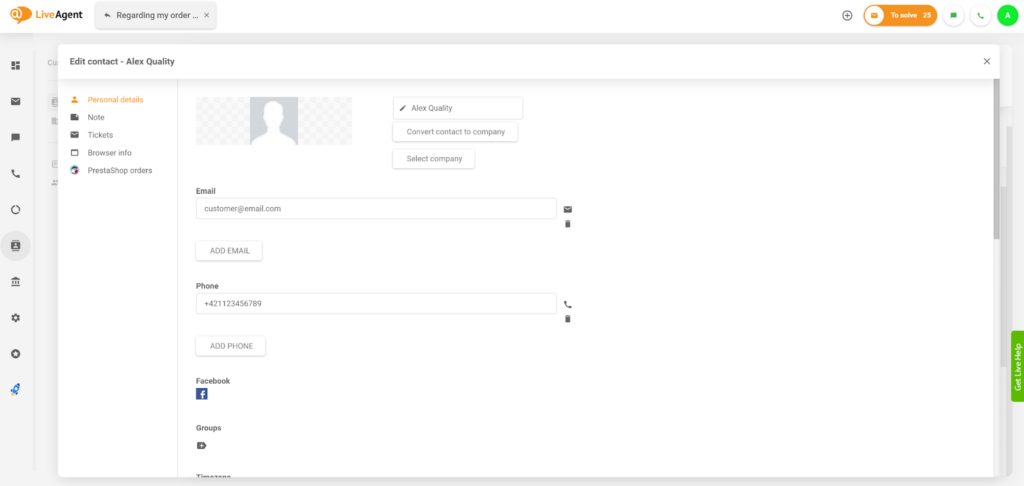 Edit contact's details in LiveAgent