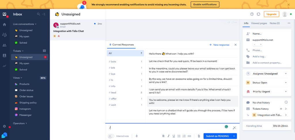 Tidio - canned responses