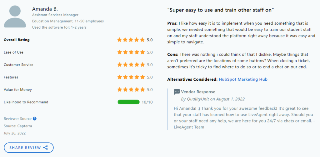 LiveAgent review on Capterra