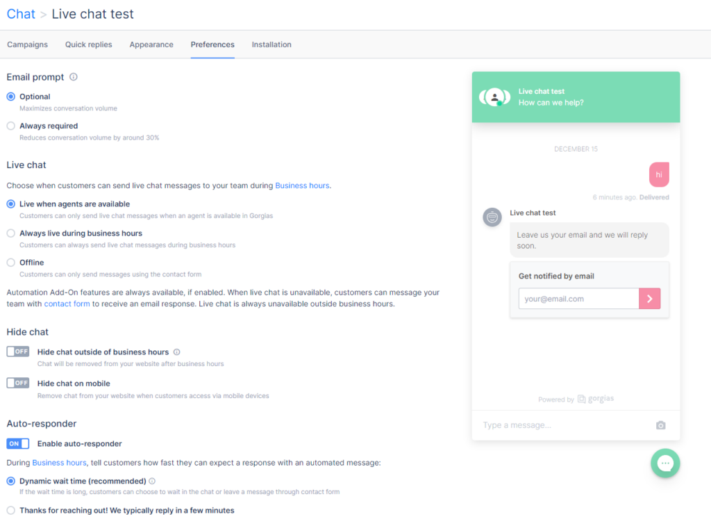 Gorgias live chat preferences settings