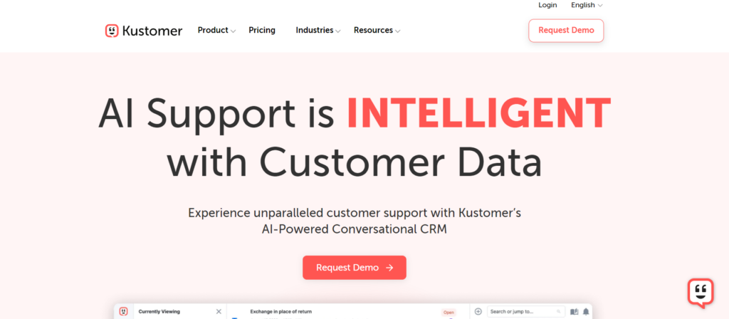 Screenshot of Kustomer's homepage - the AI-powered conversational CRM and customer service software.