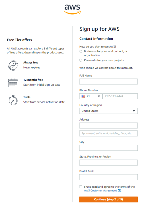 AWS Sign up - contact information