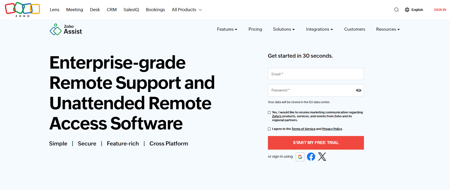 Zoho Assist homepage - robust remote help desk software
