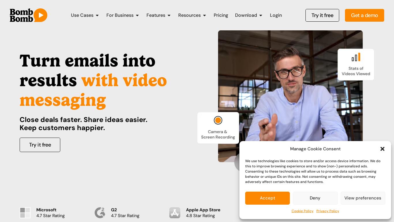 Grow your business with BombBomb video messaging and video email with ease. Try it for free for 2 weeks, no CC required.