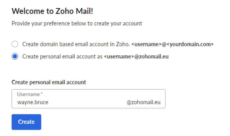 Zoho Mail - provide your preference to create account