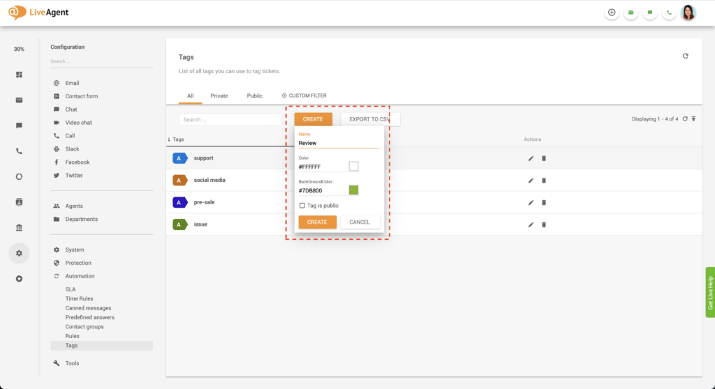 LiveAgent create tag feature