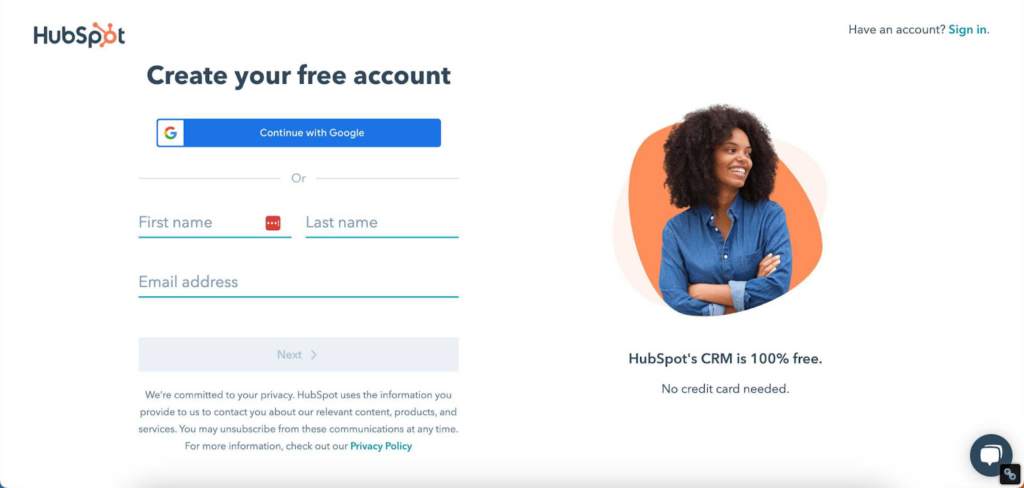 Hubspot - create free account