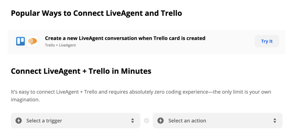 LiveAgent and Trello integration on Zapier with Trigger and Action selection