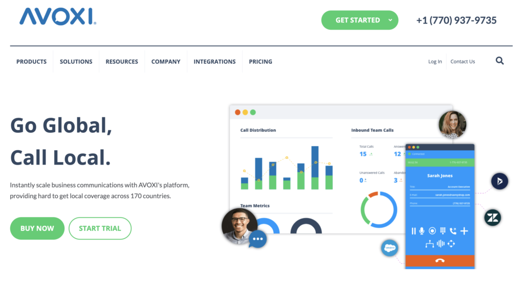 Avoxi home page with free trial