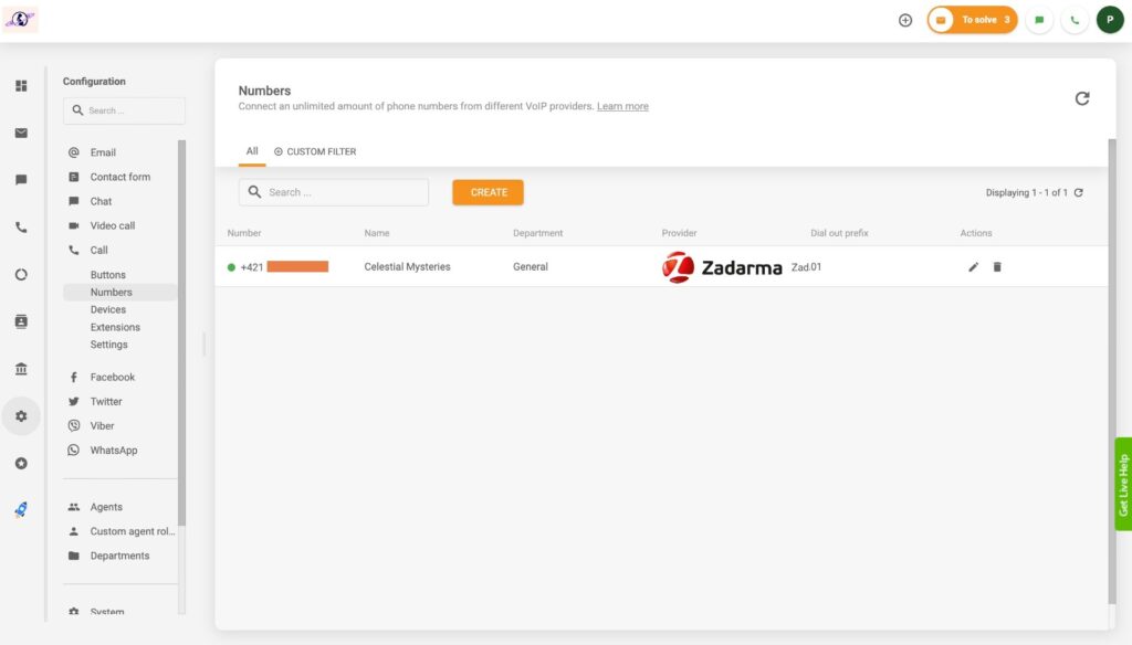 LiveAgent - add Zadarma number