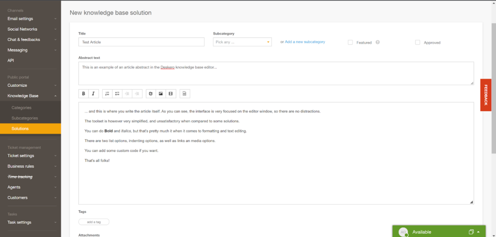 Add new solution (article) in Deskero
