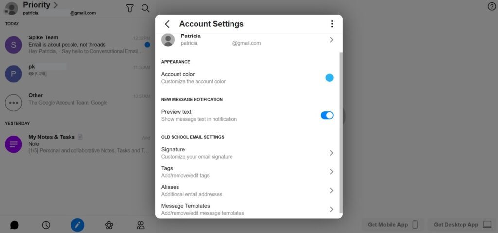 Spike - account settings