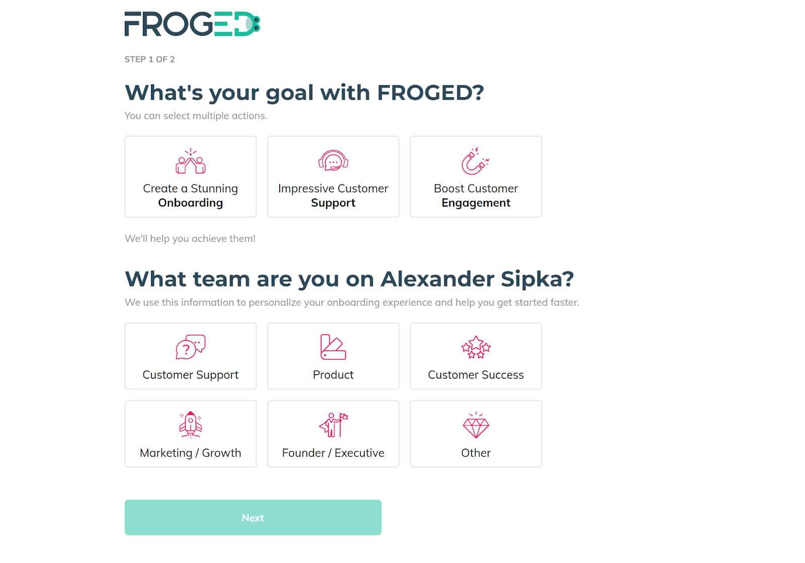 Froged welcome screen with options