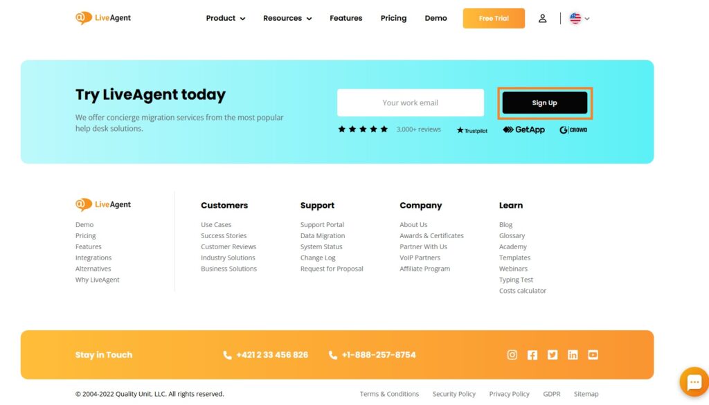 LiveAgent’s signup option