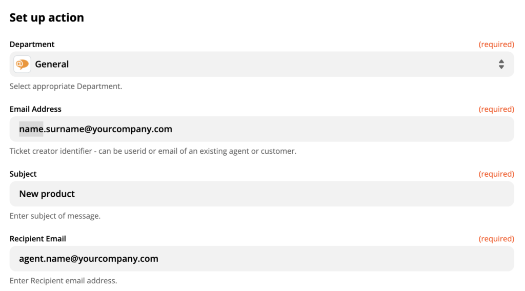 LiveAgent action setup in Zapier integration with Shift4Shop