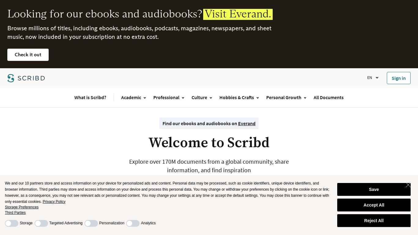 Scribd is a digital platform that offers audiobooks, books, documents, magazines, podcasts, sheet music, and snapshots. They have a blog, press releases, a support section, and social media accounts on Instagram, Twitter, Facebook, and Pinterest. Scribd also offers enterprise solutions for businesses. Their legal terms include privacy, copyright, and cookie preferences. Support options include FAQs, accessibility, purchasing help, and AdChoices. The website is available in multiple languages, including English, Spanish, Portuguese, German, French, Russian, Italian, Romanian, and Bahasa Indonesia. Copyright © 2023 Scribd Inc.