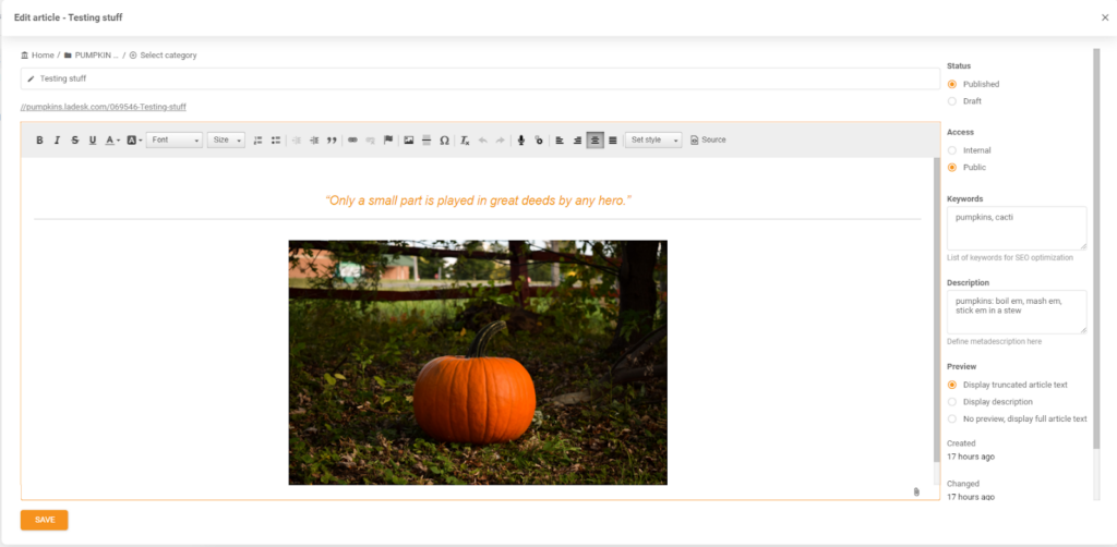 Using the WYSIWYG editor for creating knowledge base articles with images, various fonts and text colors