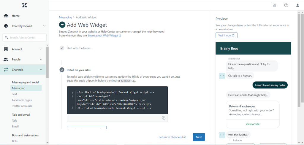 Zendesk - add web widget