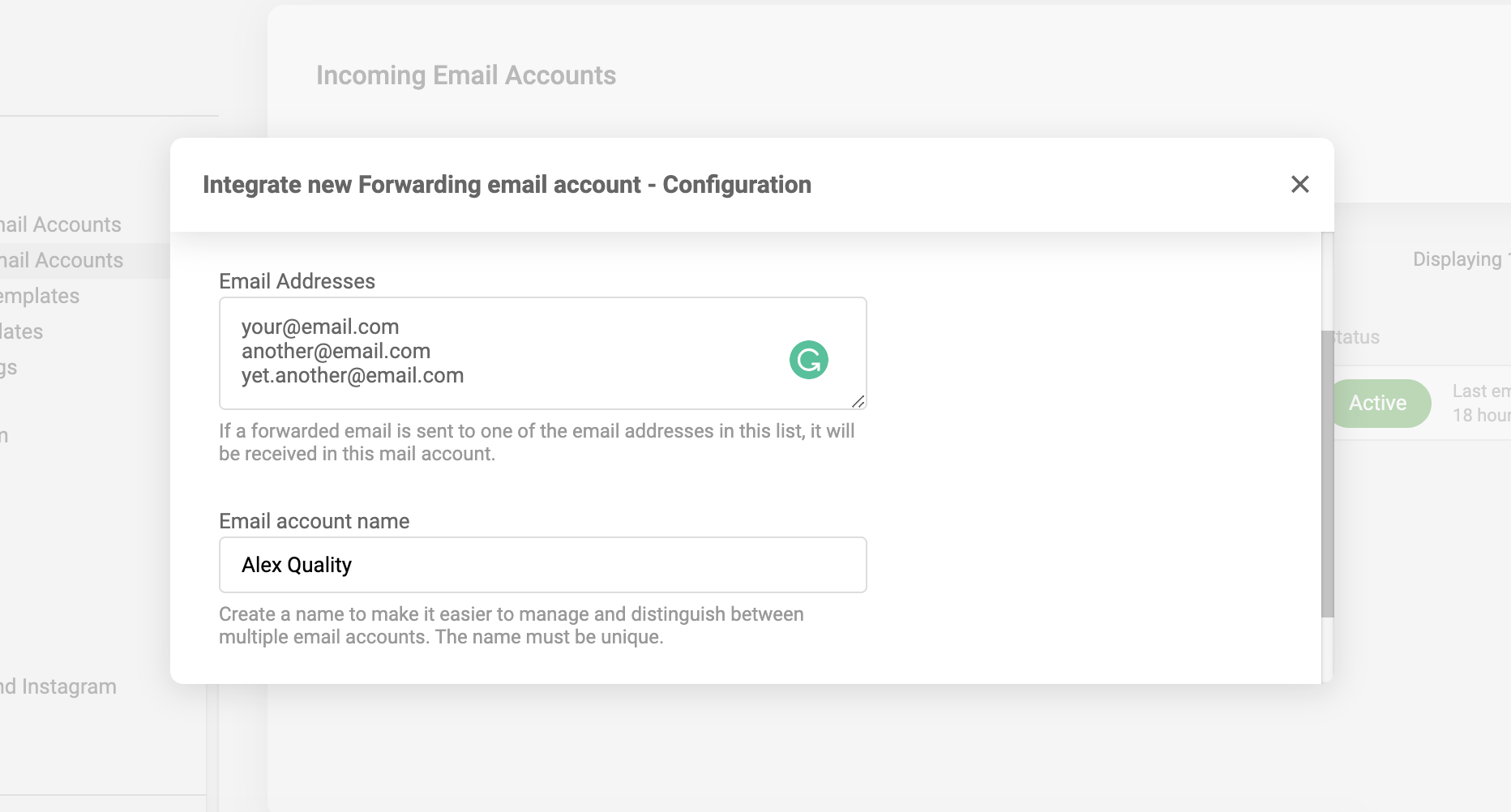 Adding email accounts and email account name in LiveAgent email forwarding integration