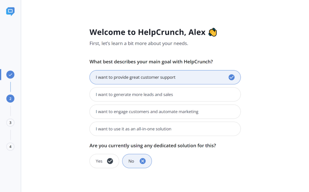 Welcome to Help Crunch screen