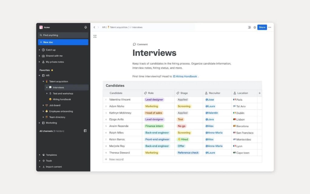 Example of a knowledge base, using Slite