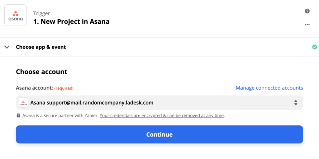 Asana trigger setup on Zapier