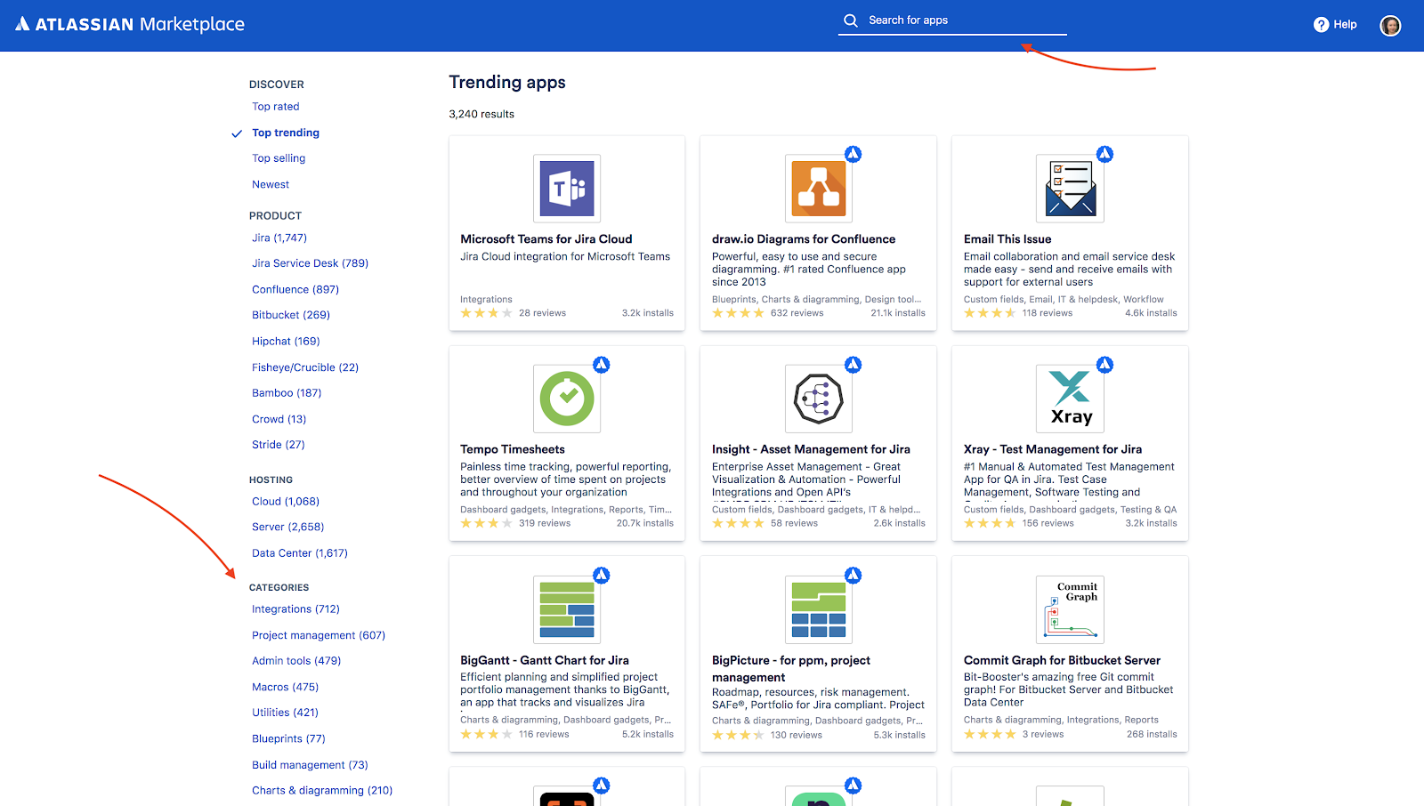 Atlassian marketplace featuring various apps, providing integrative solutions