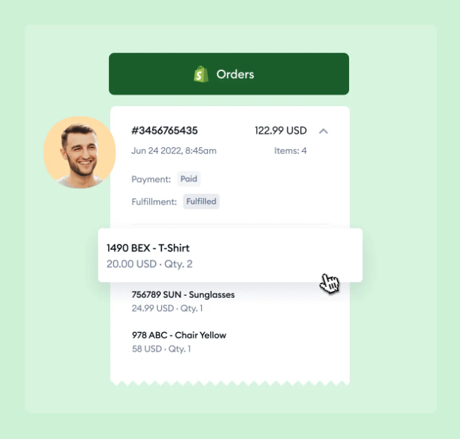 Image of the Tidio integration with Shopify, showing how the customer orders look like.