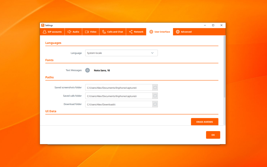 Linphone app settings