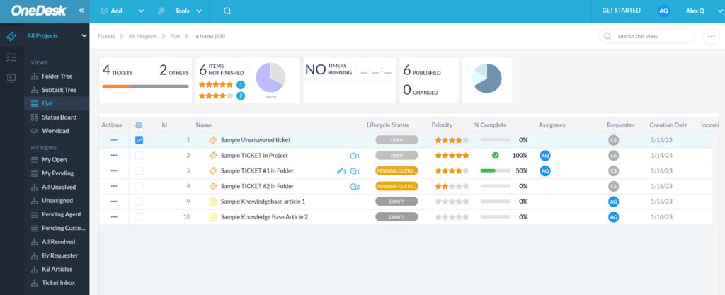 OneDesk dashboard