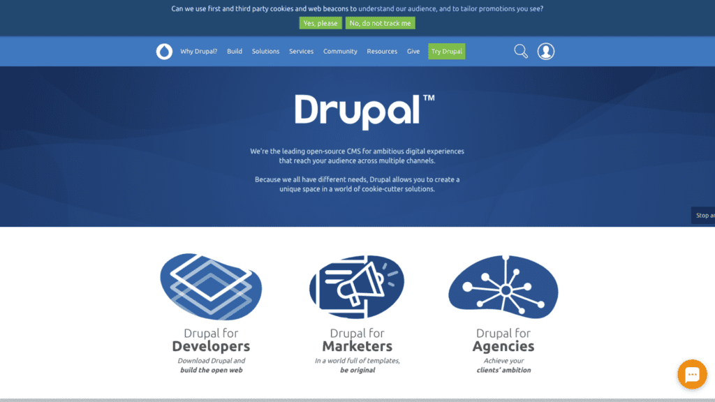 LiveAgent live chat button on Drupal's home page.