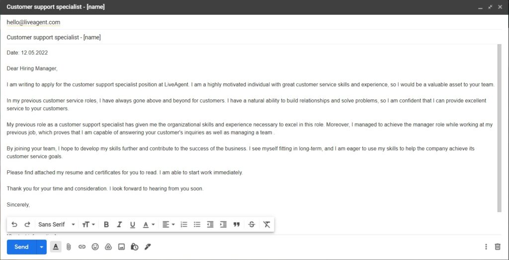 Customer support specialist at LiveAgent - cover letter - example