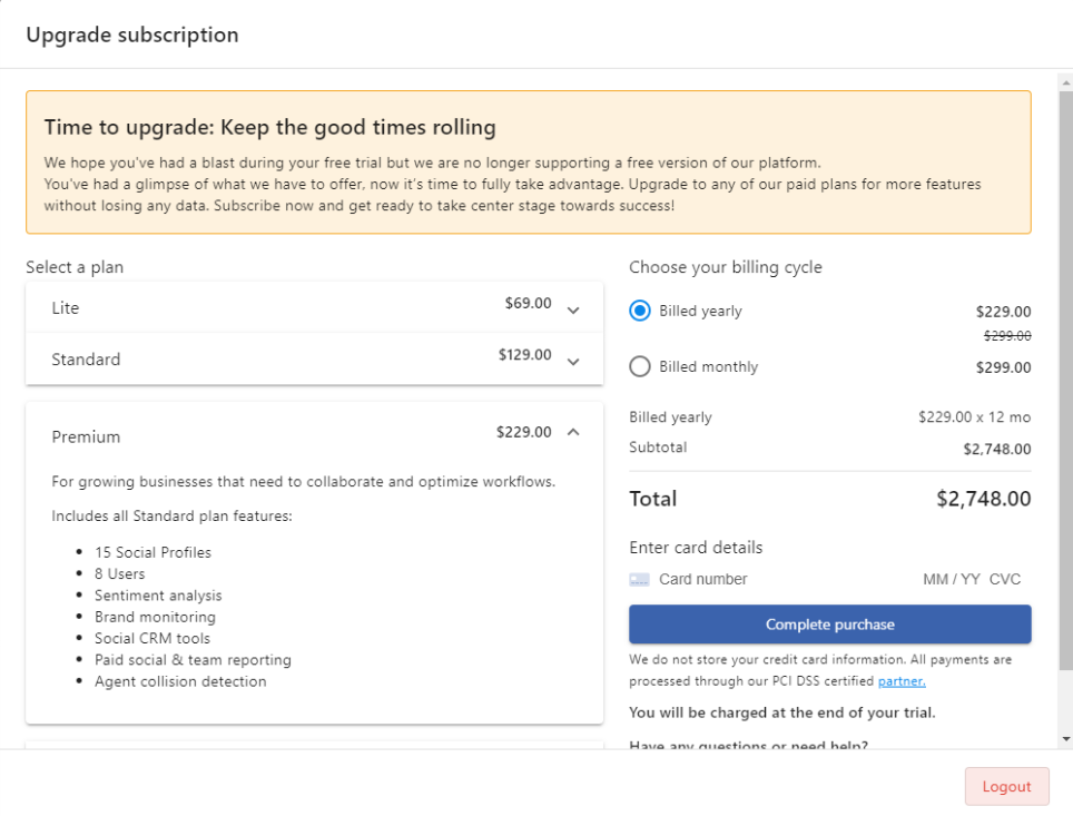 Statusbrew - upgrade subscription