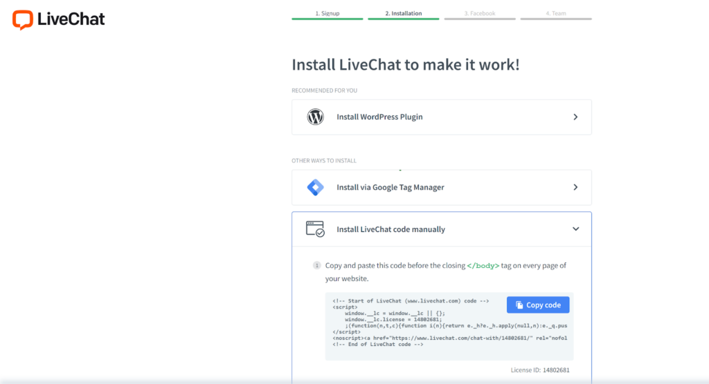 LiveChat installation options
