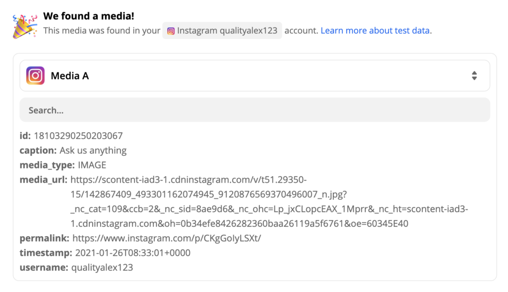 A successful test of an Instagram trigger