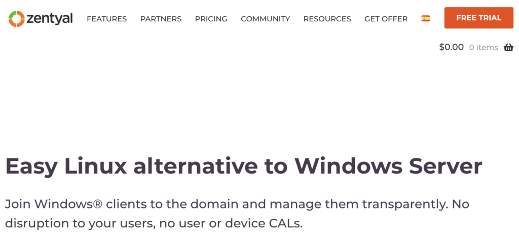 Zentyal homepage with subpages and information