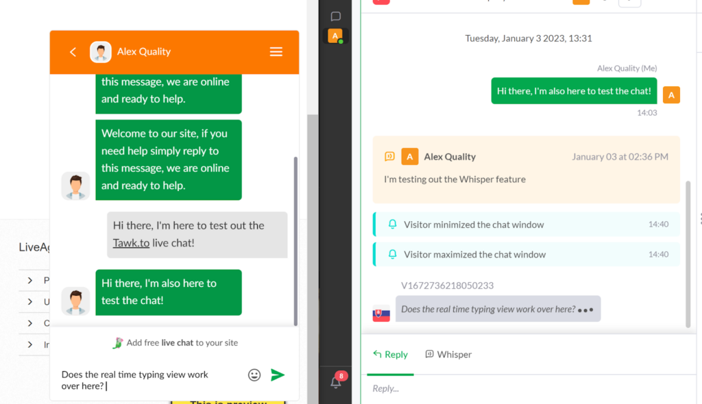 Tawk.to real time typing view