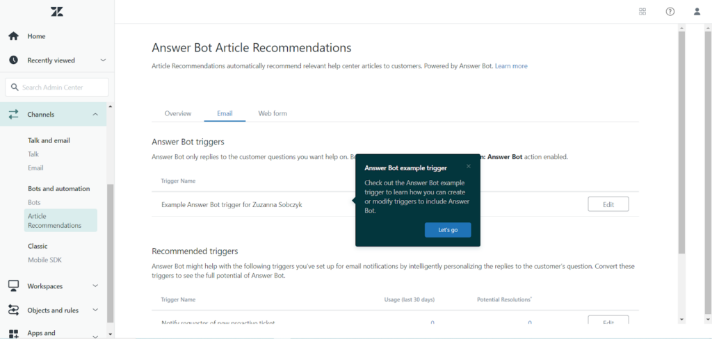 Zendesk - answer bot article recommendations
