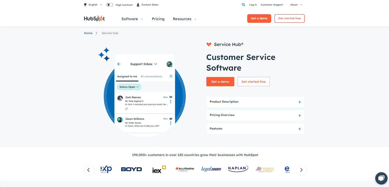 HubSpot Service Hub homepage — customer service software by the HubSpot corporation